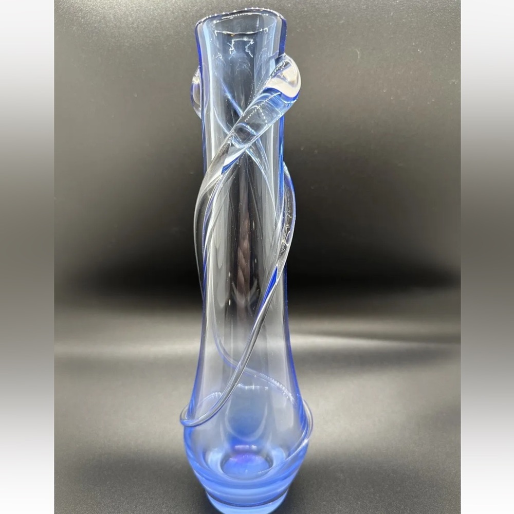 Glass Vase Clear with Blue Vintage Artist Signed